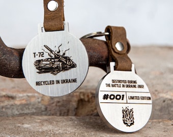 Custom keychain for men, Piece of real russian tank, Ukraine trophy, Father's day gift from wife, Historical gift for son, Engraved key fob
