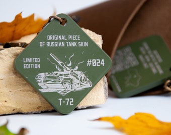 Tank keychain, Recycled piece of russian tank skin, Ukraine keychain, Custom military gift for him, Personalized key ring, Khaki keychain
