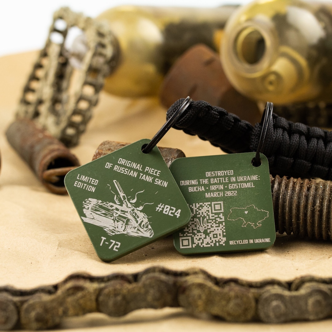 Glory for Ukraine Keychain, Piece of Russian Tank Recycled in