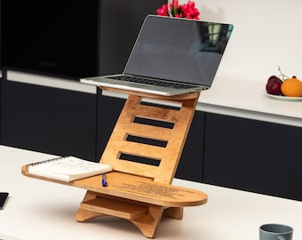 Staande bureau-laptopstandaard, houten werkstation, laptopstandaard, modern bureau, verstelbare bureaustandaard, zit-sta-bureau