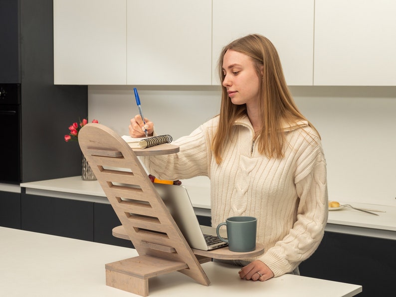 Modern wood standing desk , Wood work station, Laptop stand, Modern desk, Adjustable desk stand, Sit Stand Desk image 2