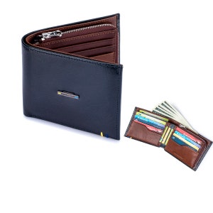 ENZODESIGN, Cartera de cuero de grano completo, Compartimento para monedas con cremallera, Cartera para hombres, Cartera para tarjetas de crédito, Bifold, Regalo para hombres, Cartera para monedas, bolsillo para monedas