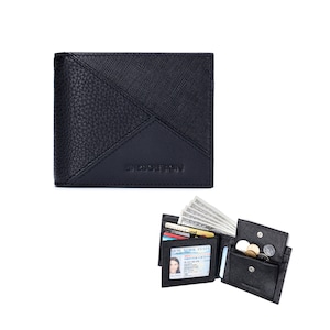 May include: Black leather wallet with a geometric design. The wallet is open, revealing a driver's license, credit cards, cash, and coins. The wallet has the text "BRAVE DESIGN" embossed on the front.