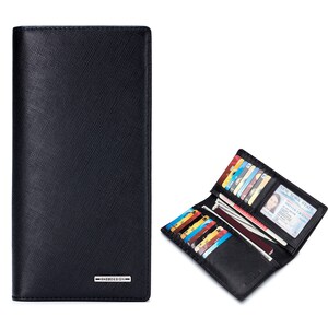 May include: A black leather wallet with multiple card slots, a zippered compartment, and a billfold. The wallet is closed on the left and open on the right, showing the interior.