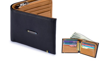 ENZODESIGN, Full grain Leather Wallet, Zip Coin Compartment, Mens wallet, Credit card wallet, Bifold, Gift for men, Coin wallet, coin pocket