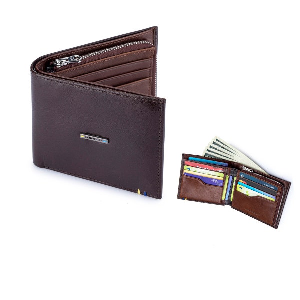 ENZODESIGN, Full grain Leather Wallet, Zip Coin Compartment, Mens wallet, Credit card wallet, Bifold, Gift for men, Coin wallet, coin pocket