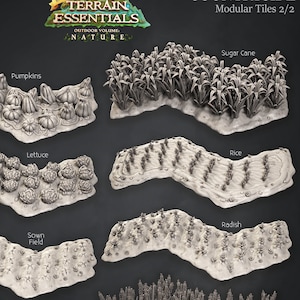 May include: A set of 8 miniature terrain tiles depicting various crops, including pumpkins, lettuce, sugar cane, rice, sown field, radishes, and wheat. The tiles are designed for use in tabletop games and are made of a light grey material.