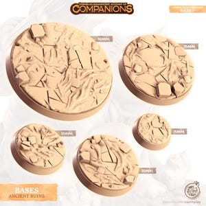 May include: A set of six round plastic bases for miniature figures, featuring a cracked and weathered stone texture. The bases are available in sizes 15mm, 25mm, 30mm, 35mm, and 50mm.