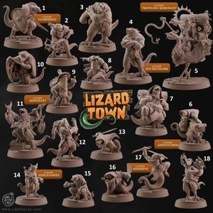May include: A selection of lizard-like figurines, each with distinct poses and attire, depicting various fantasy characters. The figurines are labelled with titles such as "Guardsmen," "Merchant," and "Assassins." The "Lizard Town" logo is also visible.