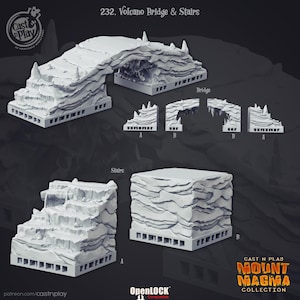 May include: A 3D printed model of a volcano bridge and stairs, designed for tabletop gaming. The bridge is made of two pieces, with a cave opening underneath. The stairs are made of four pieces, with a waterfall feature. The model is compatible with OpenLOCK.