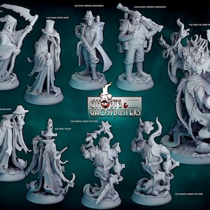 May include: A collection of detailed, unpainted miniature figures of ghosts and Ghostbusters characters. The figures include a grim reaper, a plague doctor, and armored figures, all in a ghostly white color. The logo "Ghosts & Ghostbusters" is visible.