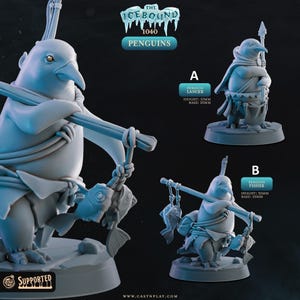 May include: A digitally sculpted image of penguin figurines from "The Icebound 1040 Penguins" collection. The figurines include a Penguin Lancer, 3.1cm tall, and a Penguin Fisher, 3.2cm tall. The figurines are holding spears and fish.
