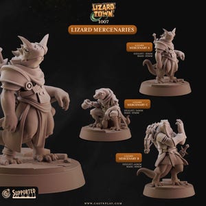 May include: A selection of Lizard Mercenaries miniature figurines. The figurines are in various poses, with heights ranging from 3.5cm to 4cm, and are mounted on 2.5cm bases. The image includes text that reads "Lizard Town 1007" and "Lizard Mercenaries."