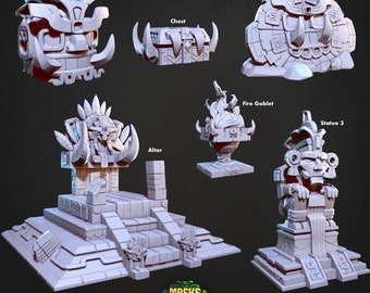 Aztec Inspired Historical Altar Statue Chest Fire Goblet: Paintable Miniature Models 3D Printed for Tabletop Games Dioramas- Masks of Kiimil