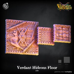 May include: A set of three 3D printed dungeon tiles featuring a stone floor with a skull and crossbones design, a brick wall, and a stone floor with a checkered pattern. The tiles are labelled "Verdant Hideout Floor 479".