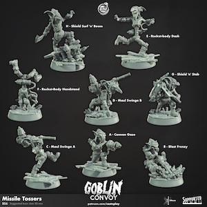 Op de afbeelding: Een verzameling grijze miniatuur goblin-figuren in verschillende actieposes. Elke figuur staat op een kleine basis, met tekstlabels die acties aangeven zoals "Shield Surf 'n' Boom" en "Rocket-body Dash". De tekst "Goblin Convoy" is ook zichtbaar.