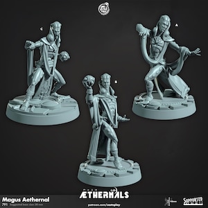 Peut inclure: Trois figurines grises en résine représentant une figure masculine en robes fluides, chacune dans une pose différente. Les figurines sont sur des socles circulaires avec un motif en forme d'engrenage. Le texte "Magus Aethernal" et "Aethernals" est visible.