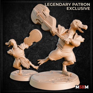 May include: Two beige duck-like figures, one playing a bass, the other holding a guitar. Both are wearing armor and standing on round bases. The text "LEGENDARY PATRON EXCLUSIVE" is at the top. The M3DM logo is at the bottom.
