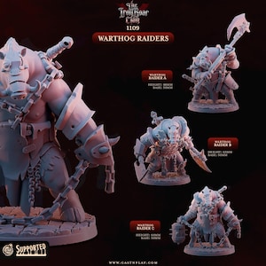May include: A set of three grey Warthog Raiders miniature figures labelled 1109 from The Iron Roar Clan. Warthog Raider A is 88mm tall, Raider B is 65mm tall, and Raider C is 60mm tall. Each figure stands on a 50mm base and features detailed armour.