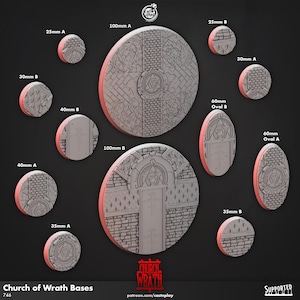 Puede incluir: Una colección de bases grises, circulares y ovaladas con intrincados diseños arquitectónicos, incluyendo ladrillos, arcos y símbolos. Los tamaños varían de 25 mm a 100 mm. El texto "Church of Wrath Bases" y "Supported" son visibles.