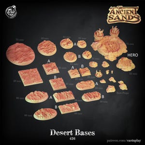 Könnte beinhalten: Ein Set mit 10 Miniatursockeln im Wüsten-Design für Tabletop-Spiele. Die Sockel sind aus Harz und in verschiedenen Größen von 25 mm bis 75 mm erhältlich. Die Sockel haben eine Sandtextur und sind perfekt, um eine Wüstenlandschaft auf dem Spieltisch zu schaffen.