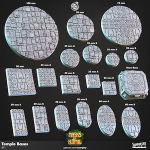 Può includere: Un set di 11 basi per templi rotonde e quadrate di diverse dimensioni per giochi da tavolo. Le basi sono realizzate in plastica bianca e presentano un design dettagliato di motivi geometrici. Le basi variano da 25 mm a 100 mm.