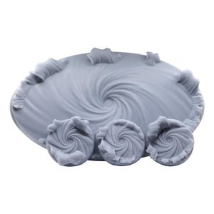 May include: A light grey silicone mould set featuring one large oval tray and three smaller circular moulds. Each piece displays a central spiral pattern with ruffled, wavy edges along the perimeter, designed for casting decorative resin or clay items.