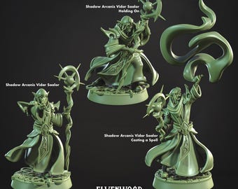 Arcanistas de las sombras élficas con bastón lanzando hechizos, miniatura pintable con resina vegetal - Elvenwood Grove