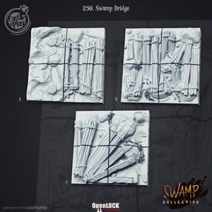 Puede incluir: Tres baldosas de plástico gris con un diseño en relieve de un puente de pantano hecho de troncos. Las baldosas están etiquetadas con A, B y C. El texto "250. Swamp Bridge" está en la parte superior de la imagen. El texto "Cast in Play" está en la esquina inferior izquierda de la imagen. El texto "OpenLOCK Compatible" está en la esquina inferior derecha de la imagen. El texto "Swamp Collection" está en la esquina inferior derecha de la imagen.