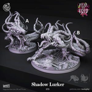 May include: Two gray Shadow Lurker miniatures, each with a detailed, monstrous design. The creatures have multiple tentacles, sharp teeth, and a menacing appearance. The base size is suggested at 50 and 75 mm. The text "FEAR THE VOID" is visible.
