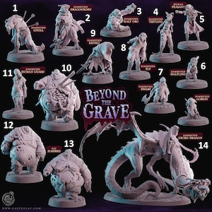 Könnte beinhalten: Eine Sammlung von 3D-gedruckten Fantasy-Miniaturen, darunter Zombies, ein Drache und verschiedene humanoide Kreaturen. Die Figuren sind unbemalt und weisen detaillierte Designs auf. Der Text "Beyond the Grave" ist sichtbar.
