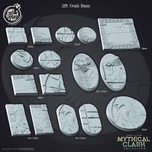 May include: A set of 10 printable 3D Greek-themed bases for miniature figures. The bases are made of various shapes and sizes, including round, square, rectangular, and oval. The bases feature intricate designs with Greek motifs, such as columns, scrolls, and floral patterns. The bases are perfect for adding a touch of ancient Greek style to your miniature figures.