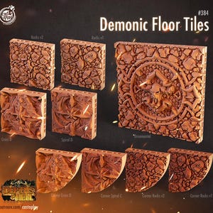 May include: A set of 10 3D printed demonic floor tiles for tabletop gaming. The tiles feature a variety of designs, including rocks, spirals, crosses, and an ornamental design with a skull. The tiles are made of a brown resin and have a textured surface.