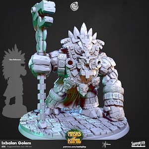May include: A detailed, grey Ixbalan Golem miniature, standing on a textured base. The figure holds a staff and features intricate armour-like detailing. The base size is suggested at 10 cm. The image includes the text "MASKS OF KIIMIL".