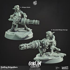 Op de afbeelding: Twee grijze miniatuurfiguren, gelabeld A en B, uit de "Gatling Brigadiers" collectie. Figuur A, de "Minigun Hauler", staat met een grote minigun. Figuur B, de "Grounded Minigun Barrage", hurkt en bedient een vergelijkbaar wapen. De aanbevolen basismaat is 30 mm.