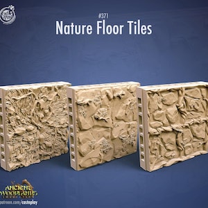 May include: Three textured, beige, tile-like pieces with a nature theme. The tiles are made of a textured resin and feature a variety of natural elements, including leaves, vines, and rocks. The tiles are labelled "#371 Nature Floor Tiles" and are part of the "Ancient Woodlands Collection".