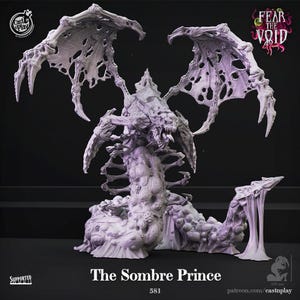 May include: A detailed, light purple miniature of "The Sombre Prince" from "Fear the Void." The figure has large, textured wings, a skeletal body, and a menacing open mouth. The base is textured with a bubbled appearance.