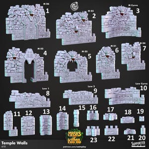 May include: A selection of grey temple wall miniatures, numbered 1-23, featuring diverse designs such as arches, curves, and straight sections. These miniatures are designed for tabletop gaming and are labelled with the text "Temple Walls" and "Masks of Kiimil".