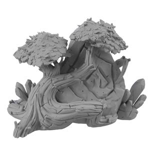 May include: A gray, stylized miniature fantasy terrain piece. It features a large rock formation with two leafy trees and several crystal-like structures. The piece is designed for tabletop gaming or display.