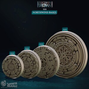May include: Four round, gray, stone-textured bases with raised, intricate designs. The bases are 25mm, 30mm, 35mm, and 50mm in diameter. The largest base features a circular design with runes and a central knotwork pattern. The text "NORTHWIND" and "VIKINGS" is visible at the top of the image.