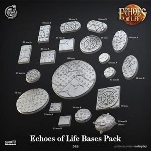 Peut inclure: Un ensemble de 10 socles en plastique blanc de différentes tailles, ronds et carrés, pour figurines miniatures. Les socles présentent un design en pierre fissurée avec des runes et des symboles. Les socles sont étiquetés avec leur taille en millimètres. L'ensemble est appelé "Echoes of Life Bases Pack".