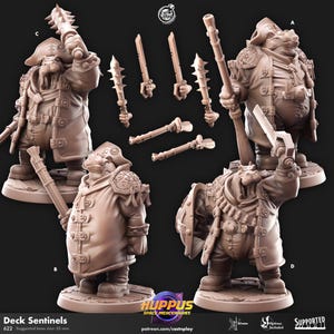 Puede incluir: Colección de miniaturas de Deck Sentinels, con figuras detalladas en abrigos y sombreros marrones, empuñando diversas armas. El conjunto incluye múltiples poses y opciones de armas, con una base sugerida de 35 mm.