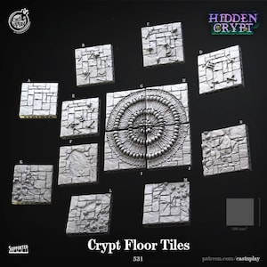 May include: A set of 12 grey 3D printed dungeon tiles featuring a crypt theme. The tiles are designed for use in tabletop role-playing games. The tiles feature various designs, including bones, skulls, and stonework. The tiles are 100 mm square.