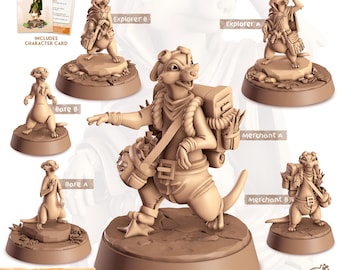 May include: A set of 8 painted miniature figurines of meerkats in various poses, including explorer, merchant, and bare. The miniatures are made of plastic and are painted in a realistic style. The miniatures are part of a game called "Cornelia's Magnificent Account of Companions".