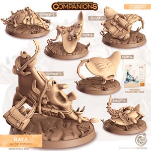 May include: A set of 3D printed miniature figurines of a stingray, with different poses and accessories. The stingray is a fantasy creature with a saddle, a bag, and a bare option. The text on the image reads "Cornelia's Magnificent Account of Companions", "Wild Companions Swimmers", "Explorer A", "Explorer B", "Mount A", "Mount B", "Bare A", "Bare B", "Raya aka The Stingray", "Includes Character Card", "Suggested Base 50mm", "Cast & Play", "patreon.com/castnplay".