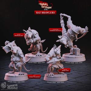May include: A collection of detailed miniature rat figures, each posed in dynamic action stances. The figures are labeled "Alley Brawler Rat", "Rat Street Slasher", "Capoeira Striker Ratfolk", and "Knife Rebel Rat". The text "The Ballad of the Rat Plague 978" is at the top.