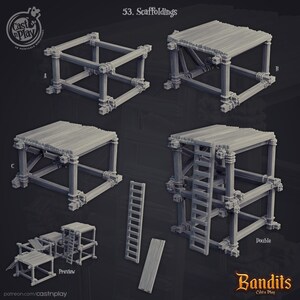 May include: Four different styles of wooden scaffolding, including a single-level platform, a double-level platform, and a platform with a ladder. The scaffolding is made of wood and has a grey finish. The image is labelled "53. Scaffoldings" and "Bandits Cast n' Play".