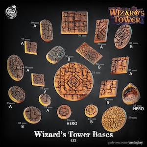 Puede incluir: Una colección de bases marrones con textura de piedra para un juego de mesa, etiquetadas como "Wizard's Tower Bases". Se muestran varias formas y tamaños, incluyendo cuadrados, óvalos y círculos, con medidas en milímetros. La imagen también incluye el texto "Wizard's Tower".