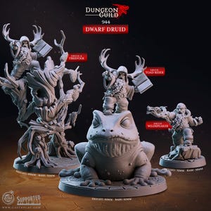 May include: A set of three miniature figurines depicting a dwarf druid in three different poses. The first figurine shows the dwarf standing on a tree stump, the second shows the dwarf riding a toad, and the third shows the dwarf holding a staff. The figurines are painted in a grey colour and are made of plastic.
