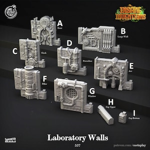 May include: A collection of gray laboratory wall components, including a door, large wall, clock, powerbox, arc, pillar, window, cap upper, and cap bottom. The image features the text "Insane Inventions" and "Laboratory Walls".